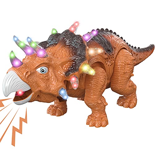 GRESAHOM Juguete de dinosaurio, triceratops caminando con luces LED, cabeza, cola y piernas, oscilación luminosa, realista, gran juguete educativo para niños pequeños, niños y niñas.