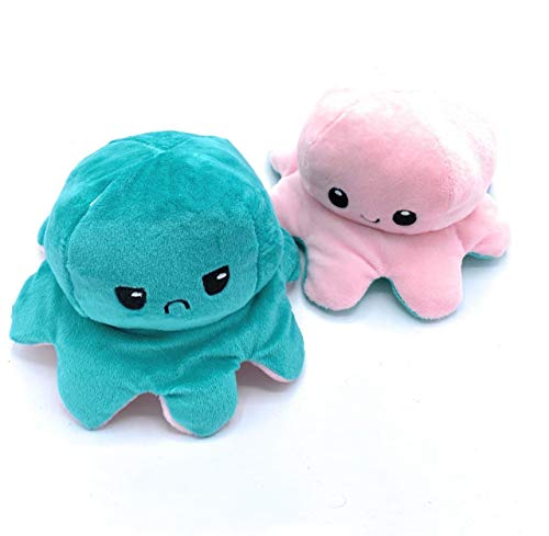 GS1 Global Office Pulpo Reversible, Pulpo de Doble Cara, Pulpo Sonriente y Triste, Regalar, Esponjoso, blandito y cariñoso. (Verde Turquesa-Rosa)