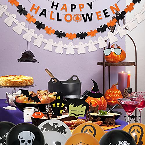 Halcyerdu 65 Pcs Halloween Decoración de Fiesta Set, Feliz Halloween Globos Banner, Fantasma Colgar Decoraciones de RemolinoAdornos de espirales (12 Piezas) con Tela de Araña 1.65 * 2 Metro