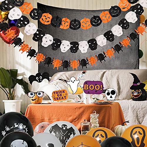 Halcyerdu 65 Pcs Halloween Decoración de Fiesta Set, Feliz Halloween Globos Banner, Fantasma Colgar Decoraciones de RemolinoAdornos de espirales (12 Piezas) con Tela de Araña 1.65 * 2 Metro