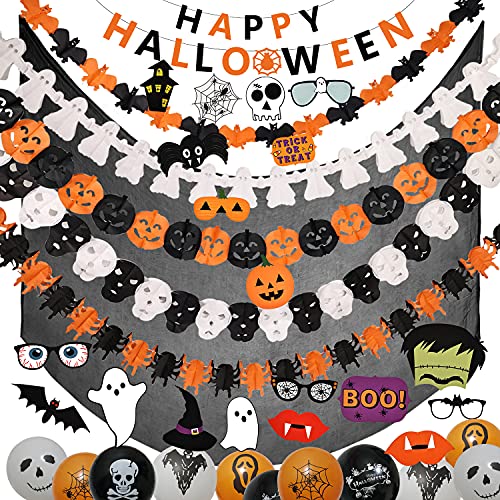 Halcyerdu 65 Pcs Halloween Decoración de Fiesta Set, Feliz Halloween Globos Banner, Fantasma Colgar Decoraciones de RemolinoAdornos de espirales (12 Piezas) con Tela de Araña 1.65 * 2 Metro