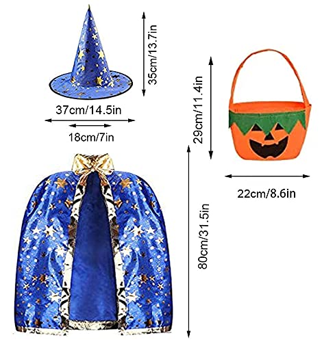 Halloween disfraz niño mago capa, Disfraz bruja bebe unisex(2 -13años)con sombrero de mago con bolsa caramelos, Infantil de Cosplay Fiesta espectáculo de escenario disfraces de halloween (azul mágico)