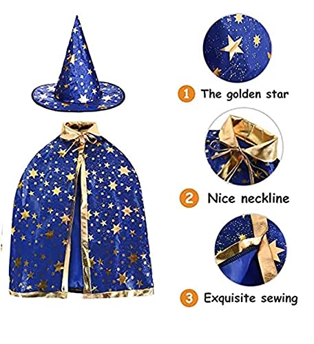 Halloween disfraz niño mago capa, Disfraz bruja bebe unisex(2 -13años)con sombrero de mago con bolsa caramelos, Infantil de Cosplay Fiesta espectáculo de escenario disfraces de halloween (azul mágico)