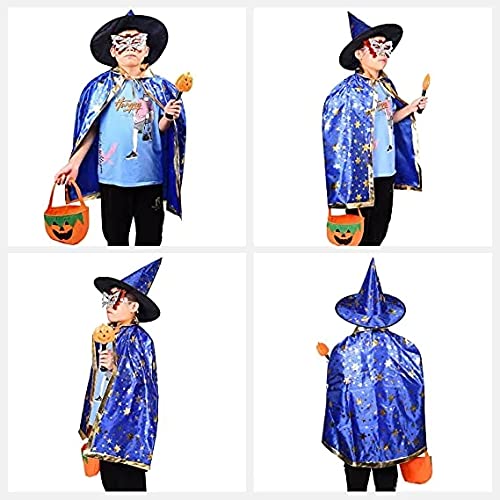 Halloween disfraz niño mago capa, Disfraz bruja bebe unisex(2 -13años)con sombrero de mago con bolsa caramelos, Infantil de Cosplay Fiesta espectáculo de escenario disfraces de halloween (azul mágico)