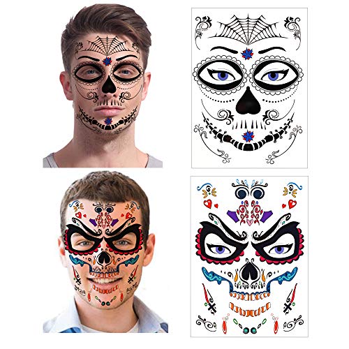 halloween tatuajes temporales de cara (8 hojas), halloween mascarada Día de los Muertos esqueleto cráneo cara completa tatuajes de maquillaje para mujeres Hombres adultos Niños Halloween Prop cosplay