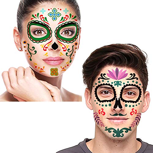 halloween tatuajes temporales de cara (8 hojas), halloween mascarada Día de los Muertos esqueleto cráneo cara completa tatuajes de maquillaje para mujeres Hombres adultos Niños Halloween Prop cosplay