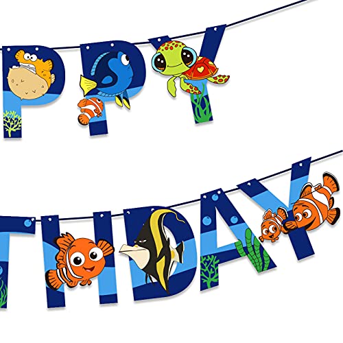 Hao-zhuokun Decoración de cumpleaños de Nemo Blue Sea con Animales Marinos,Concha de delfín,pez,Pancarta para Fiesta de cumpleaños de niñas y niños,Globos de Fiesta Azul Blanco