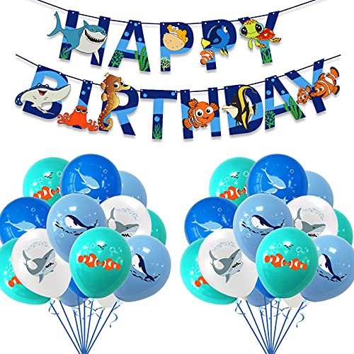 Hao-zhuokun Decoración de cumpleaños de Nemo Blue Sea con Animales Marinos,Concha de delfín,pez,Pancarta para Fiesta de cumpleaños de niñas y niños,Globos de Fiesta Azul Blanco