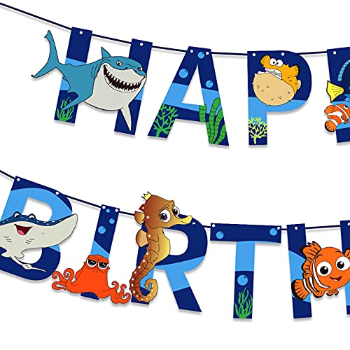 Hao-zhuokun Decoración de cumpleaños de Nemo Blue Sea con Animales Marinos,Concha de delfín,pez,Pancarta para Fiesta de cumpleaños de niñas y niños,Globos de Fiesta Azul Blanco