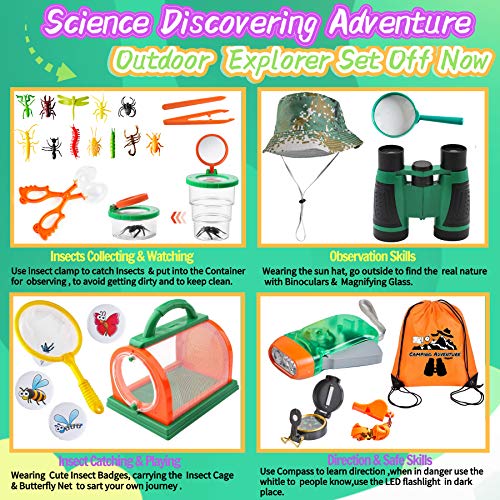 HapeeFun Kit de Exploración para Niños,27 pcs Kit de Binoculares para Niños con Linterna,Brújula,Insecto,Mochilla de Colección,Juguetes niños 3-12 de Aventura al Aire Libre Juguetes educativos