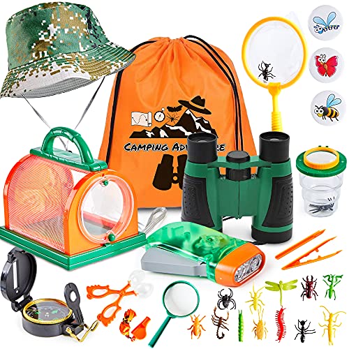 HapeeFun Kit de Exploración para Niños,27 pcs Kit de Binoculares para Niños con Linterna,Brújula,Insecto,Mochilla de Colección,Juguetes niños 3-12 de Aventura al Aire Libre Juguetes educativos