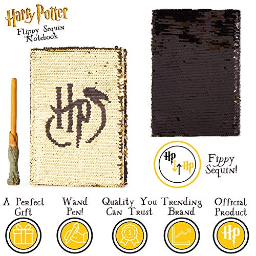 HARRY POTTER Agenda Escolar, Diario con Tapa de Lentejuelas Reversibles y Bolígrafo Varita, Agenda Personal, Set de Papelería Original, Notebook para Niños, Adolescentes y Adultos