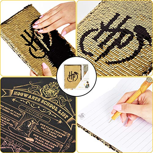 HARRY POTTER Agenda Escolar, Diario con Tapa de Lentejuelas Reversibles y Bolígrafo Varita, Agenda Personal, Set de Papelería Original, Notebook para Niños, Adolescentes y Adultos