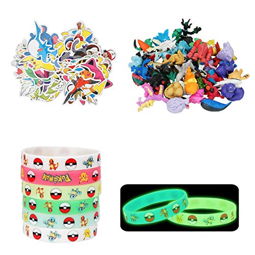 Herefun 116Piez Figuras de Mon, Mon Mini Figuras de Plástico(48Piezas)+Pulsera Luminosa de Silicona(18Piezas)+1 Paquete(50Piezas) de Pegatina Chu Bolsa de Fiesta