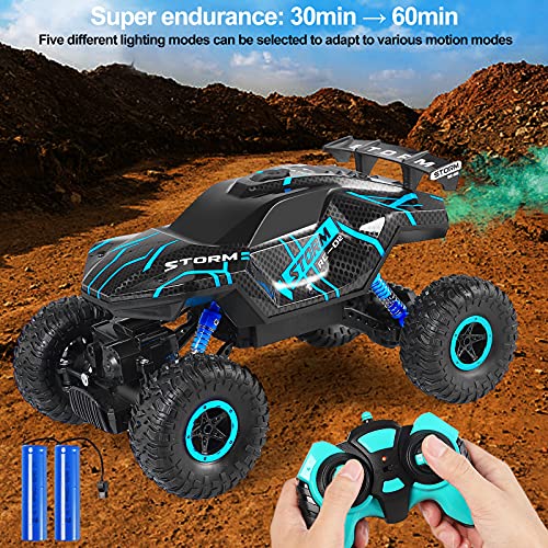 Herefun Coche Teledirigido, RC Coche con Luz LED, 4WD Coche Teledirigido Niños, RC Coche de Carreras de Alta Velocidad Todoterreno Recargable para Niños Cumpleaños Regalo (Azul)