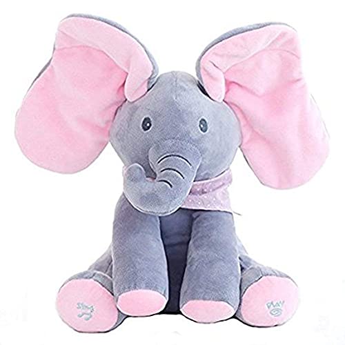 HHJ Peluche de Elefante con Movimiento y Sonido, Juguete Interactivo Peek-a-Boo Elefante, Juego de Ocultar y Buscar Muñeca de Peluche Animada de Felpa Muñecas para Bebé/Niños-Rosa