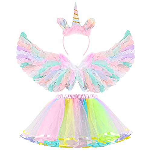 Hifot Disfraz de Unicornio Disfraz de Princesa Niña Unicornio Tutus Niña Alas de Angel Diademas Unicornio Disfraz Arcoiris para Niña Cumpleaños Halloween Carnaval Cosplay Fiesta