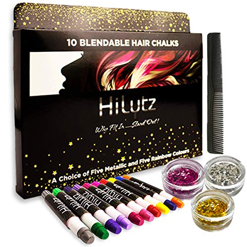 Hilytz Pintura Facial/ Tizas Para el Pelo Hair Chalk 10 Metallic Glitter Pens, Fácil de Lavar No toxico/ Comb + 3 Glitters/Regalo de Cumpleaños de Navidad