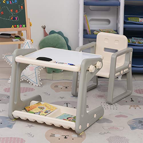 HOMCOM 2 en 1 Pupitre Infantil con Pizarra Juego de Escritorio Convertible y Silla para Niños de +12 Meses con 3 Rotuladores y 1 Borrador 65x48x66,7 cm Gris y Blanco