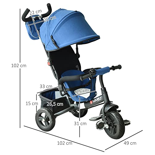 HOMCOM 3 EN 1 Triciclo para Niños +18 Meses Triciclo con Pedales con Capota Extraíble Plegable Barra Telescópica para Padres Triciclo de Empuje 96x53.5x101cm