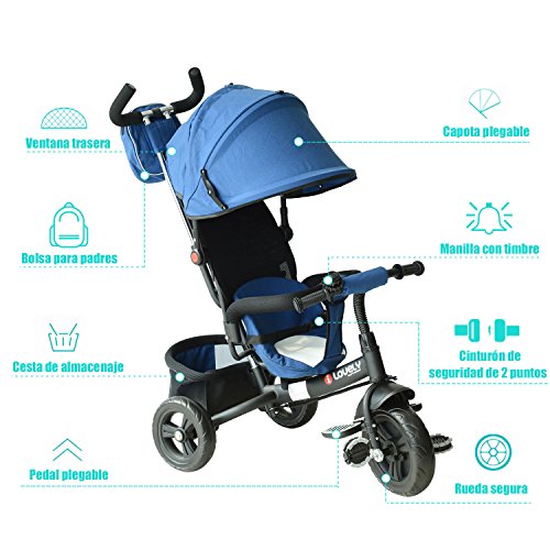 HOMCOM 3 EN 1 Triciclo para Niños +18 Meses Triciclo con Pedales con Capota Extraíble Plegable Barra Telescópica para Padres Triciclo de Empuje 96x53.5x101cm