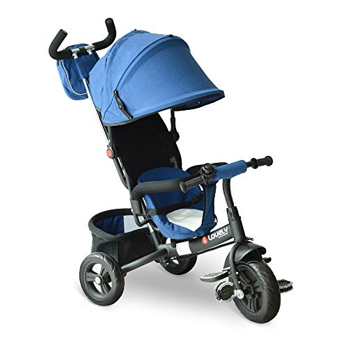 HOMCOM 3 EN 1 Triciclo para Niños +18 Meses Triciclo con Pedales con Capota Extraíble Plegable Barra Telescópica para Padres Triciclo de Empuje 96x53.5x101cm