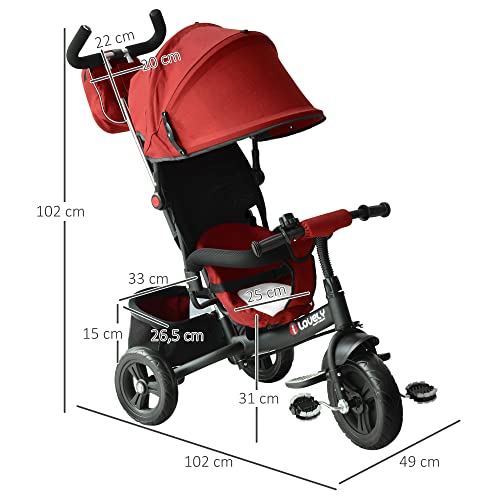 HOMCOM 3 EN 1 Triciclo para Niños +18 Meses Triciclo con Pedales con Capota Extraíble Plegable Barra Telescópica para Padres Triciclo de Empuje 96x53.5x101cm