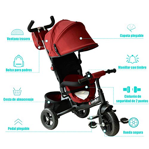 HOMCOM 3 EN 1 Triciclo para Niños +18 Meses Triciclo con Pedales con Capota Extraíble Plegable Barra Telescópica para Padres Triciclo de Empuje 96x53.5x101cm