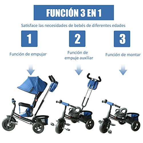 HOMCOM 3 EN 1 Triciclo para Niños +18 Meses Triciclo con Pedales con Capota Extraíble Plegable Barra Telescópica para Padres Triciclo de Empuje 96x53.5x101cm