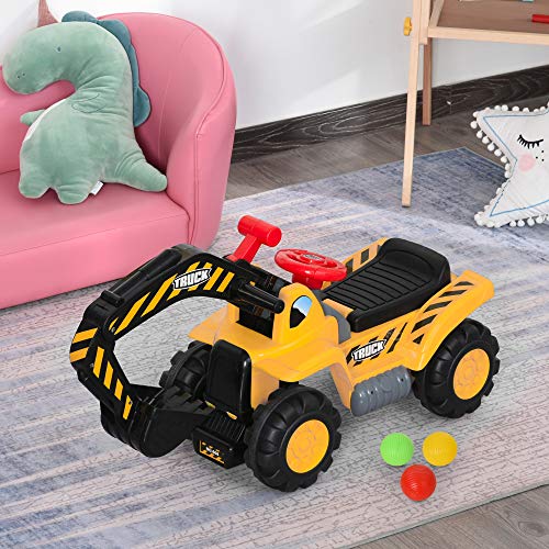 HOMCOM 4 en 1 Excavadora Juguete para Niños +3 Años Tractor Infantil con Pala Caja Oculta de Almacenaje Aro de Baloncesto Volante Giratorio 98x30x46 cm Amarillo