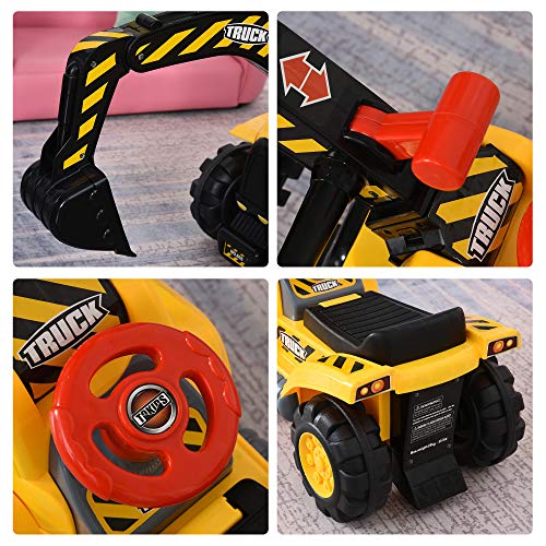 HOMCOM 4 en 1 Excavadora Juguete para Niños +3 Años Tractor Infantil con Pala Caja Oculta de Almacenaje Aro de Baloncesto Volante Giratorio 98x30x46 cm Amarillo