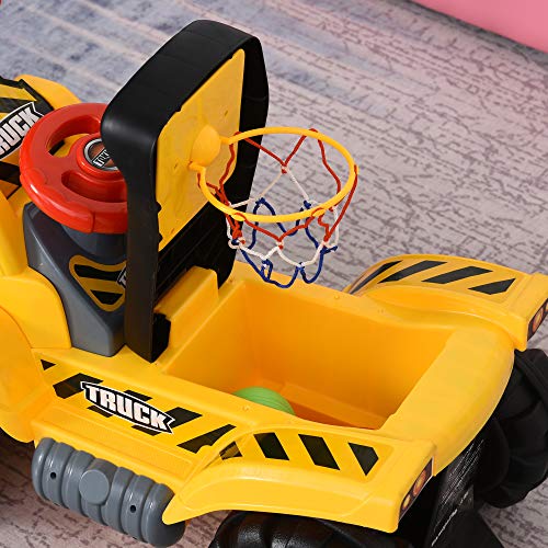 HOMCOM 4 en 1 Excavadora Juguete para Niños +3 Años Tractor Infantil con Pala Caja Oculta de Almacenaje Aro de Baloncesto Volante Giratorio 98x30x46 cm Amarillo