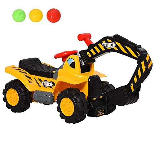 HOMCOM 4 en 1 Excavadora Juguete para Niños +3 Años Tractor Infantil con Pala Caja Oculta de Almacenaje Aro de Baloncesto Volante Giratorio 98x30x46 cm Amarillo