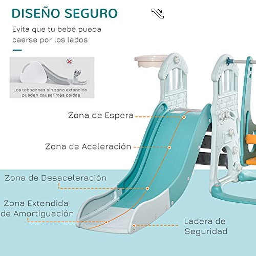 HOMCOM 5 en 1 Tobogán y Columpio para Niños +18 Meses con 2 Canastas de Baloncesto Portería Fútbol con Asiento Ajustable Parque Infantil Interior y Exterior 210x186x133 cm Multicolor