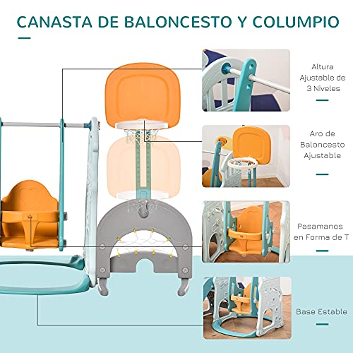 HOMCOM 5 en 1 Tobogán y Columpio para Niños +18 Meses con 2 Canastas de Baloncesto Portería Fútbol con Asiento Ajustable Parque Infantil Interior y Exterior 210x186x133 cm Multicolor