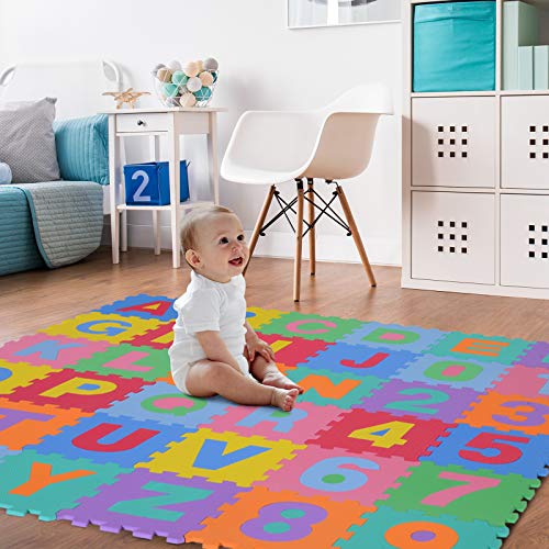 HOMCOM Alfombra Puzzle Infantil 36 Piezas de 31x31cm Números del 0 al 9 y 26 Letras Alfabeto Goma Espuma Alfombrilla de Juego para Bebés y Niños de 3,24㎡