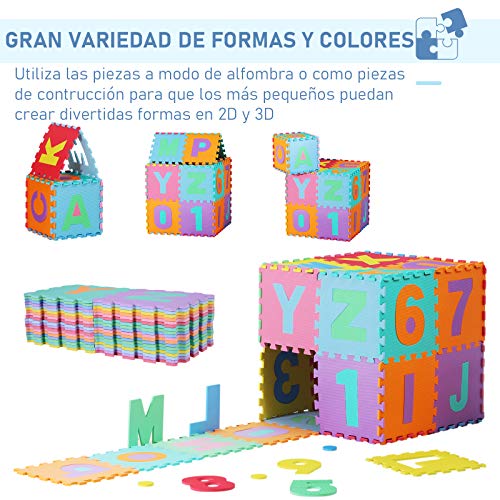 HOMCOM Alfombra Puzzle Infantil 36 Piezas de 31x31cm Números del 0 al 9 y 26 Letras Alfabeto Goma Espuma Alfombrilla de Juego para Bebés y Niños de 3,24㎡