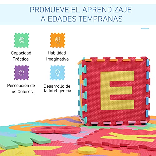 HOMCOM Alfombra Puzzle Infantil 40 Piezas de 31x31x1cm Juego Rompecabezas con 29 Letras Acento y Números 0 al 9 Colchoneta Suave para Niños 3,6 m² Espuma EVA