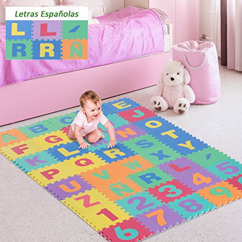 HOMCOM Alfombra Puzzle Infantil 40 Piezas de 31x31x1cm Juego Rompecabezas con 29 Letras Acento y Números 0 al 9 Colchoneta Suave para Niños 3,6 m² Espuma EVA