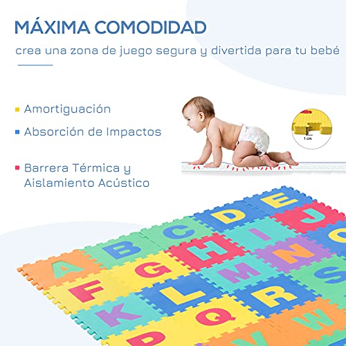 HOMCOM Alfombra Puzzle Infantil 40 Piezas de 31x31x1cm Juego Rompecabezas con 29 Letras Acento y Números 0 al 9 Colchoneta Suave para Niños 3,6 m² Espuma EVA