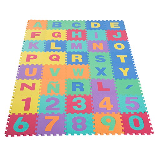 HOMCOM Alfombra Puzzle Infantil 40 Piezas de 31x31x1cm Juego Rompecabezas con 29 Letras Acento y Números 0 al 9 Colchoneta Suave para Niños 3,6 m² Espuma EVA