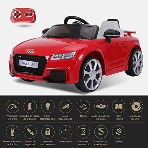 HOMCOM Audi TT Eléctrico Infantil Coche Juguete Niño 3 Años+ con Mando a Distancia con Música y Luces Modos de Aprendizaje Batería 6V Doble Apertura de Puerta Carga 30kg 103x63x44cm Color Rojo