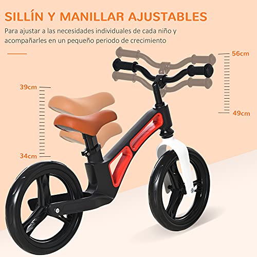 HOMCOM Bicicleta sin Pedales para Niños de 2 a 5 Años Aleación de magnesio Bicicleta de Equilibrio Infantil con Sillín y Manillar Ajustables Ruedas de Goma 86x41x49-56 cm Negro