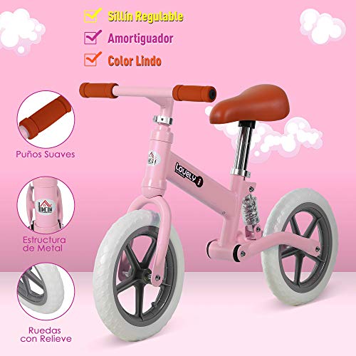 HOMCOM Bicicleta Sin Pedales para Niños Mayores de 2 Años Bicicleta Entrenamiento Equilibrio con Sillín Regulable Acolchado Rueda Antideslizante Carga 25 kg 85x36x54 cm Color Rosa