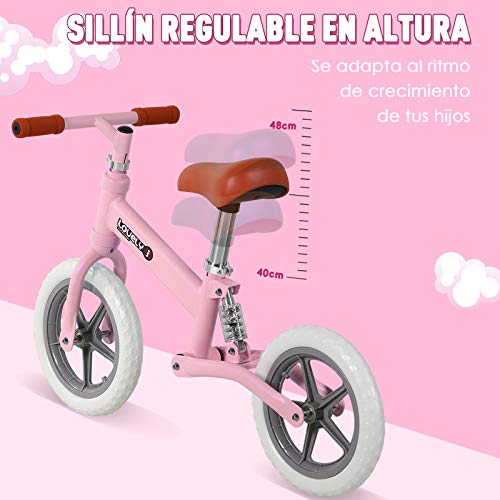 HOMCOM Bicicleta Sin Pedales para Niños Mayores de 2 Años Bicicleta Entrenamiento Equilibrio con Sillín Regulable Acolchado Rueda Antideslizante Carga 25 kg 85x36x54 cm Color Rosa