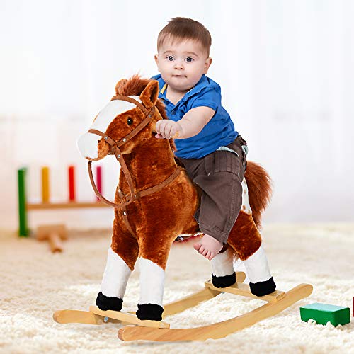 HOMCOM Caballito Balancín Bebé Balancín Peluche Caballo Madera para Niños +3 Años con Sonidos 74x28x65cm