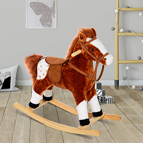 HOMCOM Caballito Balancín Bebé Balancín Peluche Caballo Madera para Niños +3 Años con Sonidos 74x28x65cm Caballito Balancin con Musica Peluche Niños a Partir 3 Años Caballo Mecedora