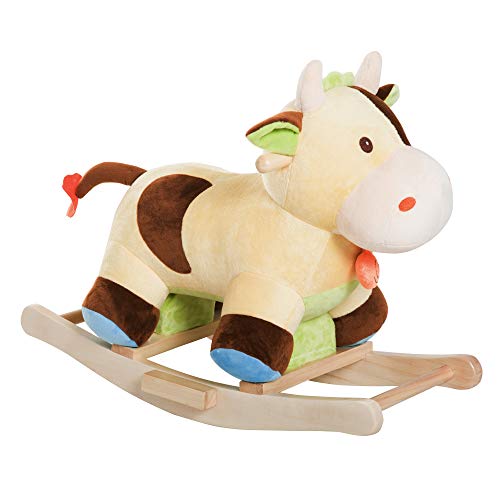 HOMCOM Caballito Balancín de Peluche Balancín Caballo Caballito Madera Juguete de Mecedora para Niños +3 Años 60x34x46cm Forma Vaca