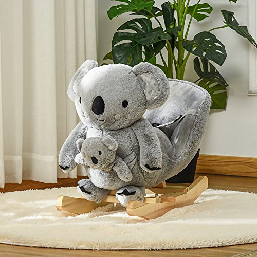 HOMCOM Caballito Balancín Infantil en Forma de Koala con Títere para Bebés 18-36 Meses con Sonido Cinturón de Seguridad y Reposapiés 60x33x50 cm Gris