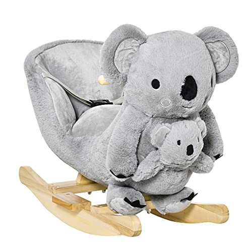 HOMCOM Caballito Balancín Infantil en Forma de Koala con Títere para Bebés 18-36 Meses con Sonido Cinturón de Seguridad y Reposapiés 60x33x50 cm Gris